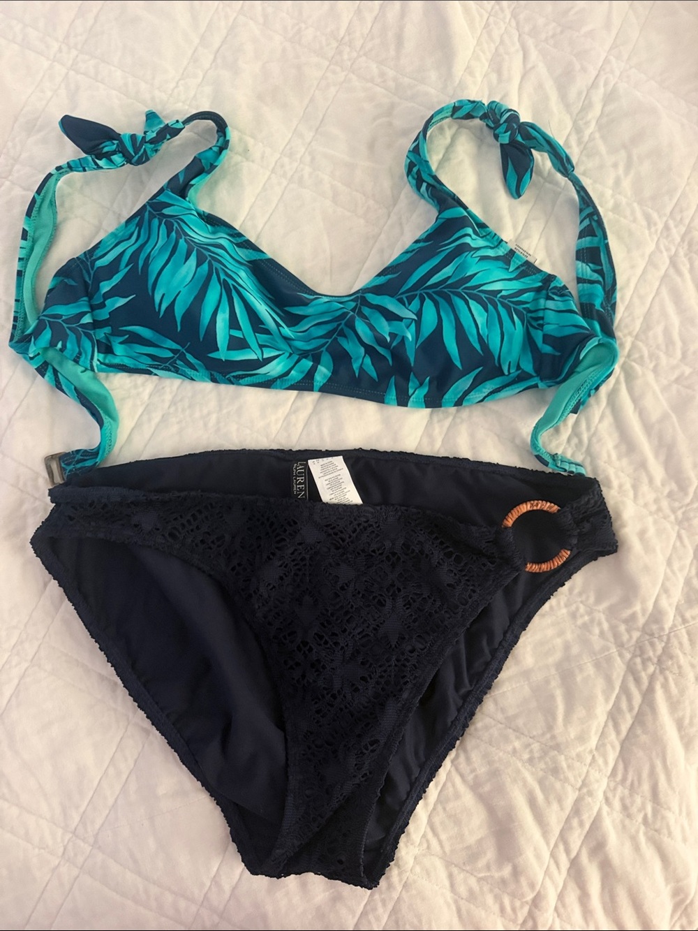 Teal Leaf Print Bikini Top with Navy Crochet Bottom